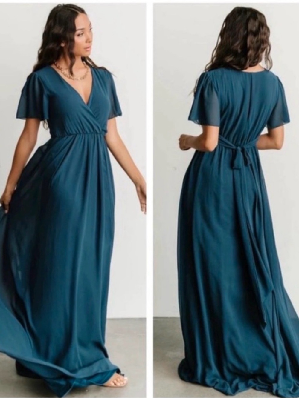 Elegant Teal Maxi Wrap Dress - V-Neck, Flutter Sleeves